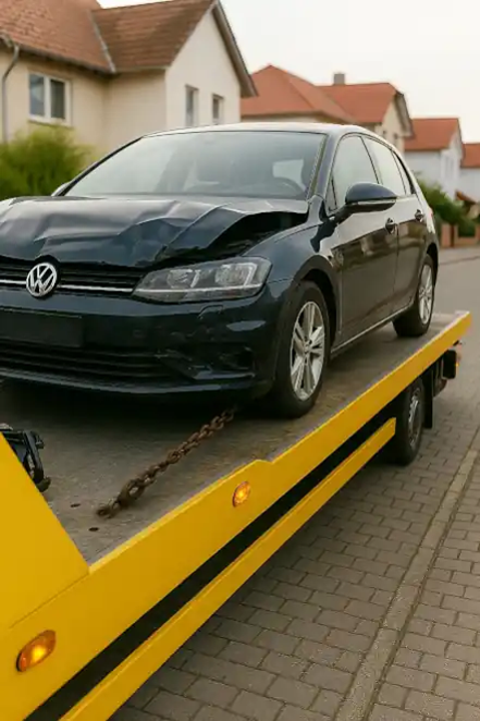 Ein defektes Auto, das zur Reparatur abgeschleppt wird, um für den Autoankauf in Fulda vorbereitet zu werden.